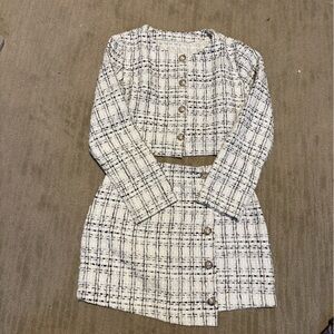 SHEIN White and Black Tweed Cropped Blazer with Matching Skirt Set